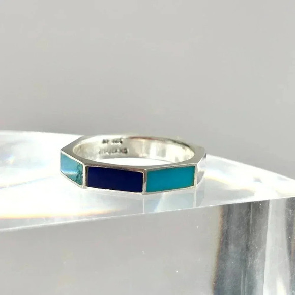 Sterling Turquoise Inlay Vintage Rare Flat Sided Ring - sz 9.75 - Picture 4 of 7